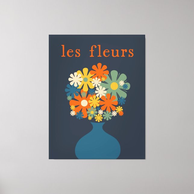 Les Fleurs Retro Blume in Vase Blue Orange Leinwanddruck (Vorderseite)