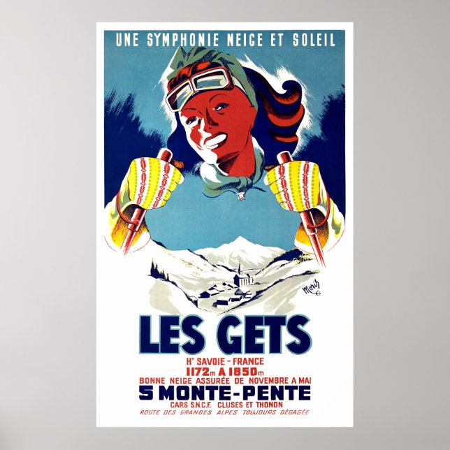 Les get, Frankreich, Winterskisport, Vintage-Reise Poster (Vorne)