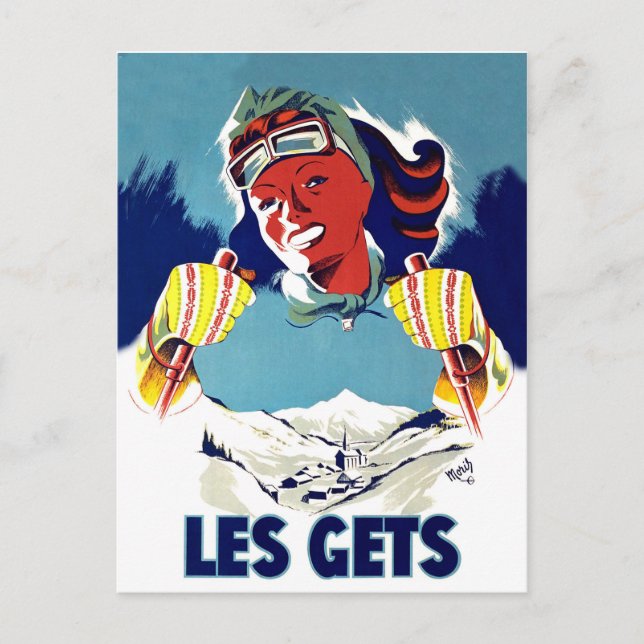 Les get, Frankreich, Winterskisport, Vintage-Reise Postkarte (Vorderseite)