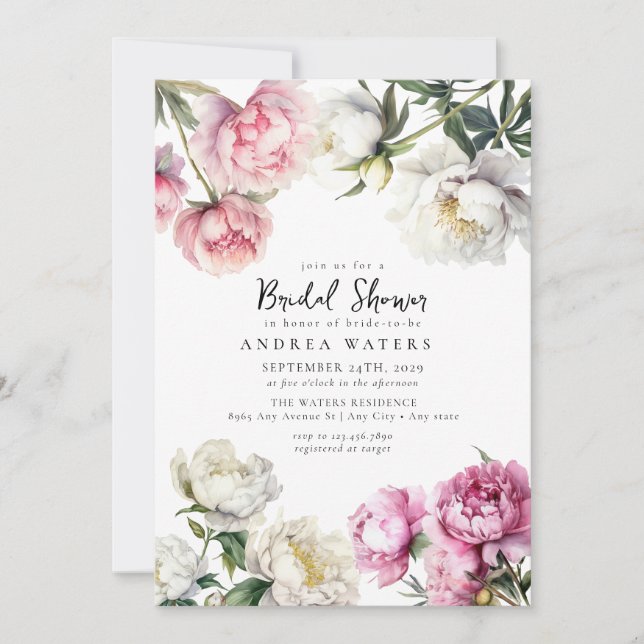 Les pivoines florales | Invitations de douches nup (Devant)