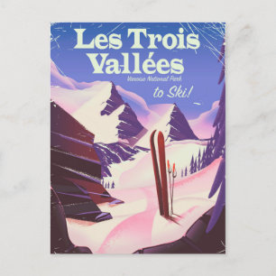Les Trois Vallées Ski travel poster Postkarte