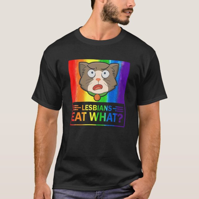 Lesben essen, was Katzenfahne Spaß Lgbtq Stolperfl T-Shirt (Vorderseite)