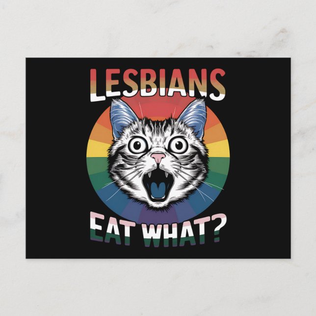Lesben essen, was Spaß-Katze-LGBTQ-Stolperflagge Postkarte (Vorderseite)