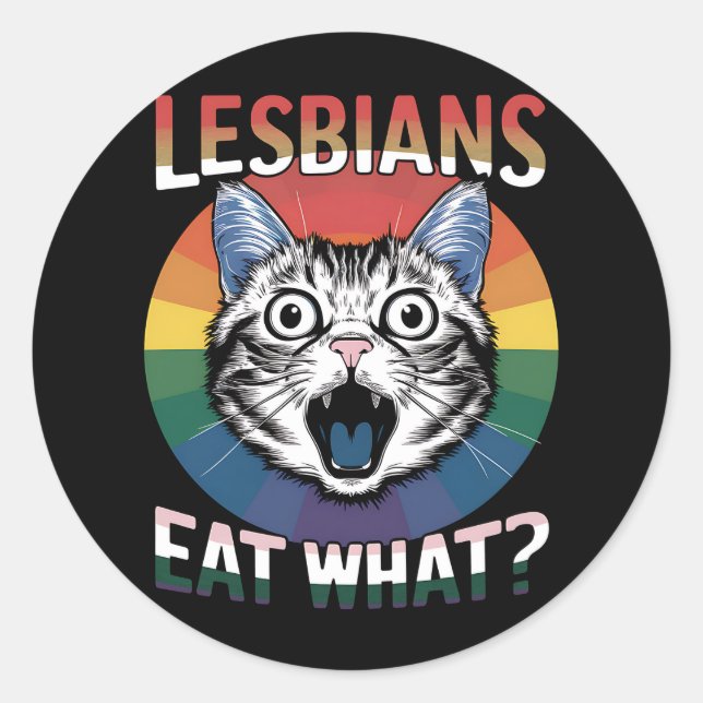 Lesben essen, was Spaß-Katze-LGBTQ-Stolperflagge Runder Aufkleber (Vorderseite)