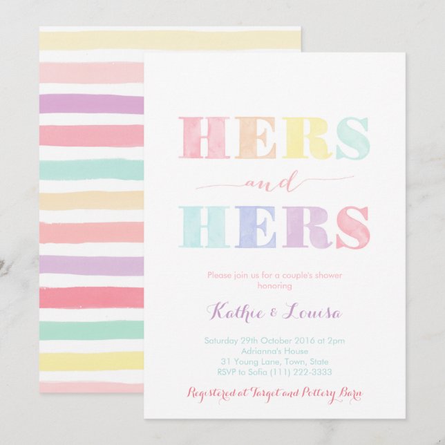 Lesbian Couples Shower invitation, carte arc-en-ci (Devant / Derrière)