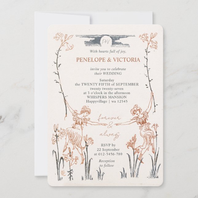 Lesbian Vintage Floral Wedding Invitation (Devant)