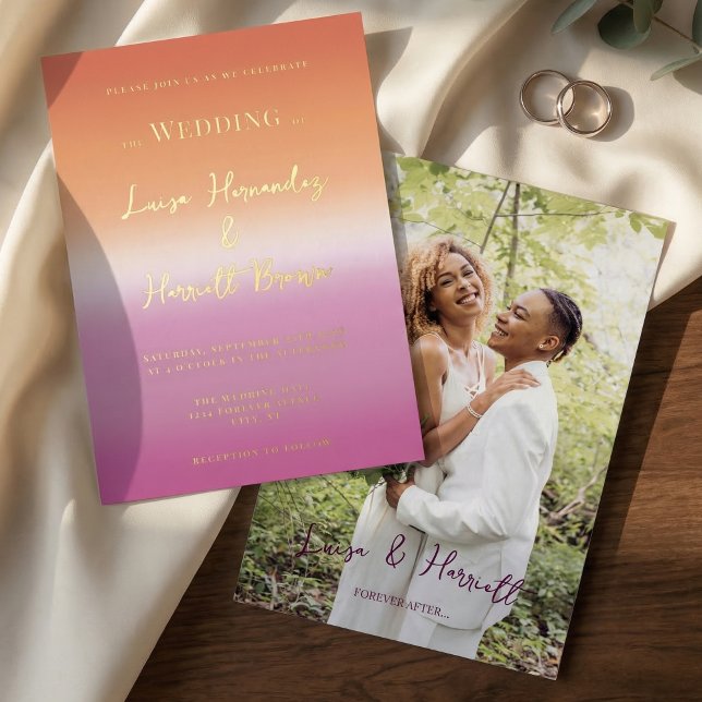 Lesbian Wedding Pride Flag Gradient Gold Folieneinladung (Von Creator hochgeladen)