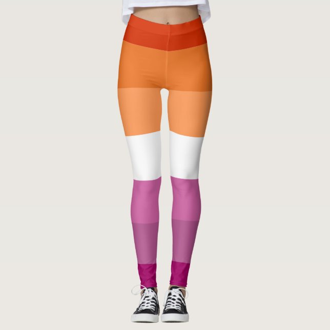 Lesbisch Orange Pink Fuchsia Weiß gestreifte LGBT Leggings (Vorderseite)