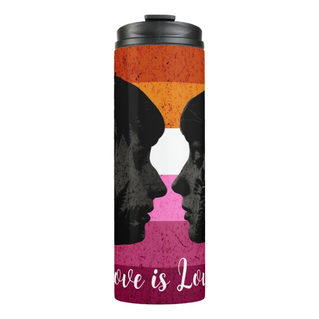 Lesbische Flagge mit zwei weiblichen Silhouetten Thermosbecher (Vorderseite)