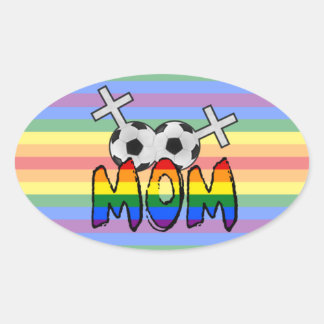 Lesbische Fußball-Mama (mit Regenbogen) Ovaler Aufkleber