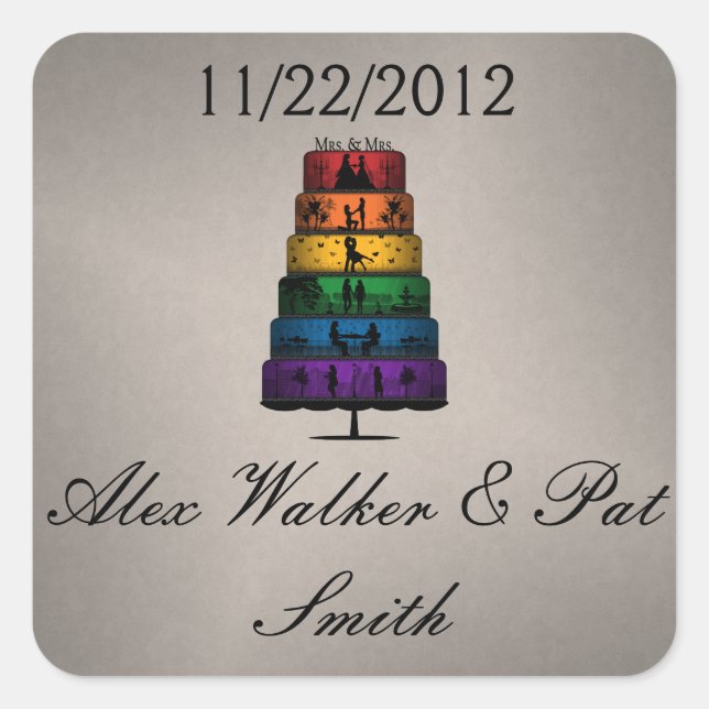 Lesbische Hochzeitstorte mit Regenbogenfarben Quadratischer Aufkleber (Vorderseite)