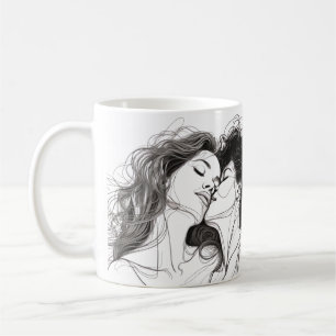 Lesbische Kiss Line Art mit liebevoll gestalteten Kaffeetasse