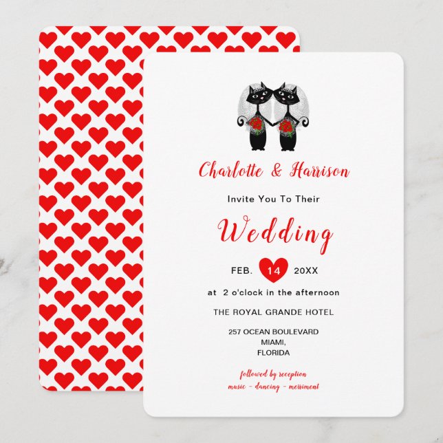 Lesbische Niedliche Whimsy Black Cats Hochzeit Einladung (Vorne/Hinten)