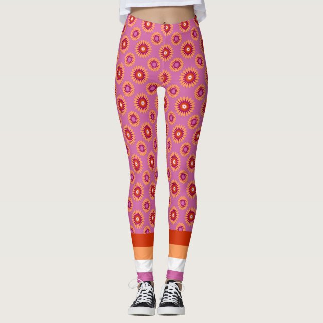 Lesbische Stolperflagge / rosa Blume Muster Leggings (Vorderseite)
