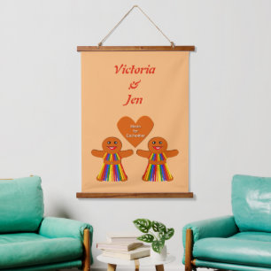 Lesbische Weihnachtsgingerbrot Ladys Couple Custom Wandteppich Mit Holzrahmen