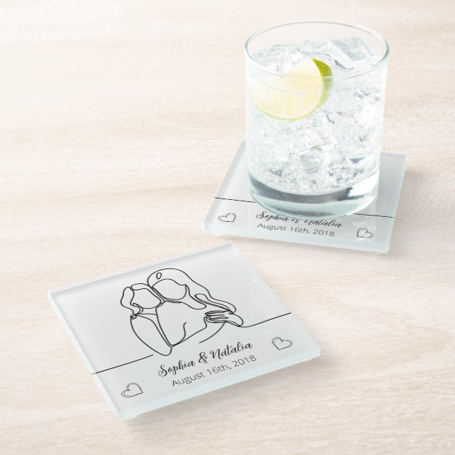 Lesbischer Jubiläum Elegante Personalisierte Linie Glasuntersetzer (Schrägansicht)