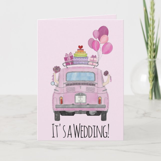 Lesbisches Paar in Fiat 500 Einladung zur Hochzeit (Vorderseite)
