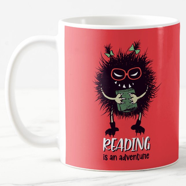 Lesen ist abenteuerlustige Lehrerin Kaffeetasse (reading is an adventure orange reddish mug weith evil character holding a book)