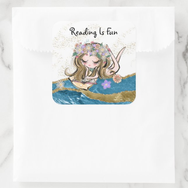 *~* LESEN IST FUN - Freie Spirit Blume Kind Quadratischer Aufkleber (Tasche)