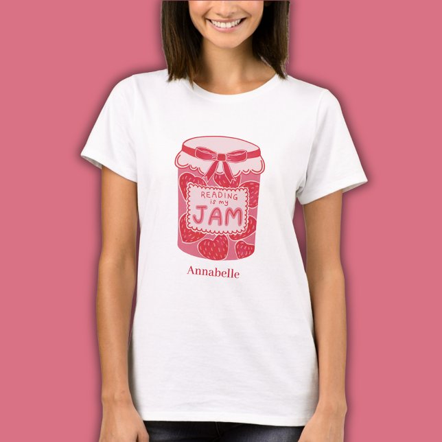 Lesen ist mein Liebhaber von Marmelade T-Shirt (Custom t-shirt for book lovers with strawberry jam jar Reading is My Jam and personalized text)