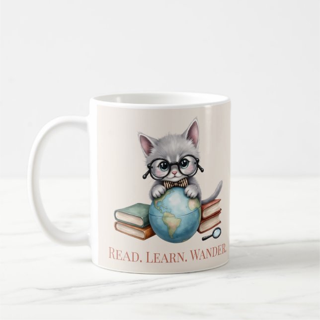 "Lesen. Lernen Sie. Wander." Niedliche Katze Kaffeetasse (Links)