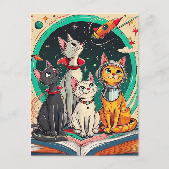 Lesen öffnet ein Tor zu kosmischen Katzen-Abenteue Postkarte (Vorderseite)