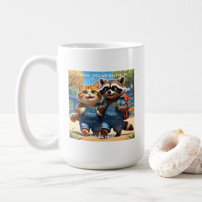 Lesen, Schreiben, Rucksäcke & Lächeln V2+Text Kaffeetasse (Mit Donut)
