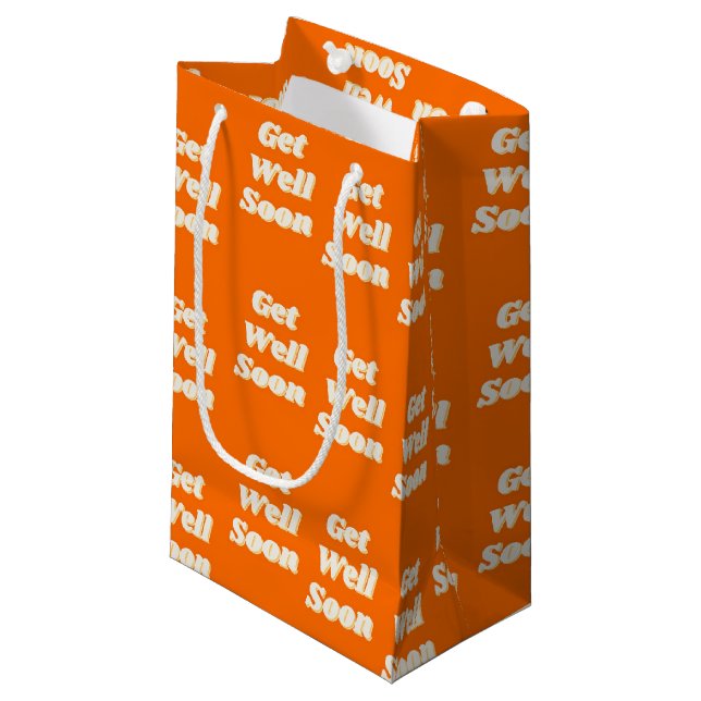 Lesen Sie bald den Text auf Orange Kleine Geschenktüte (Vorderseite Schrägansicht)