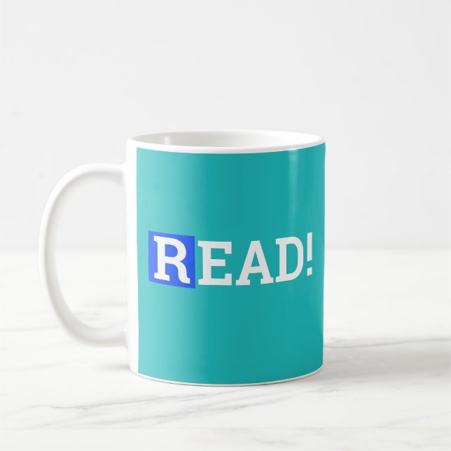 LESEN SIE! Cobalt Blue & Turquoise Ein Wort Design Kaffeetasse (Links)