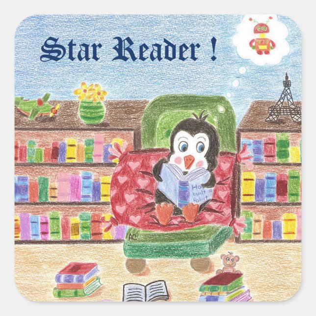 Lesepinguin , Star Reader , Belohnungsaufkleber Quadratischer Aufkleber (Vorderseite)