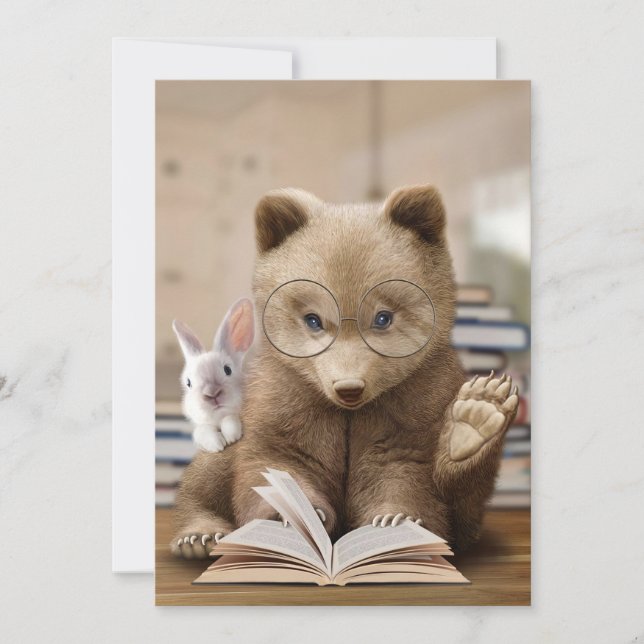 Leser Geschenkbären und Kaninchen Lese Bücher Einladung (Vorderseite)