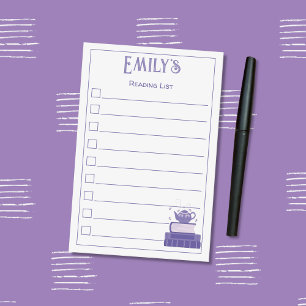 Lesezeichen-Post-Its mit lila Büchern und Teekanne Post-it Klebezettel