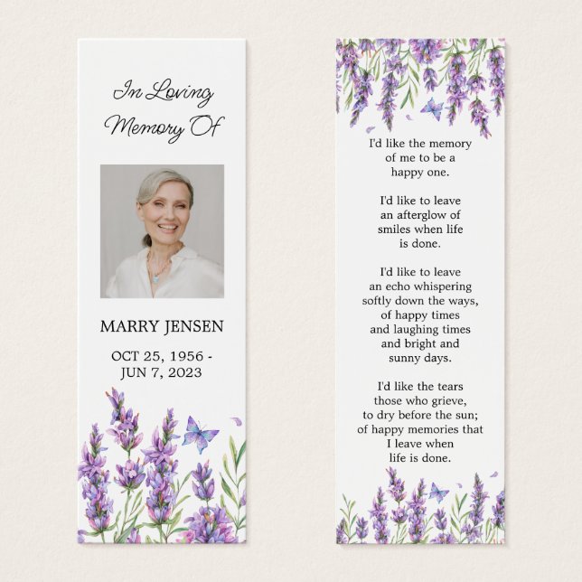 Lesezeichen zur Beerdigungsfeier des Lavender Flor (Vorne & Hinten)
