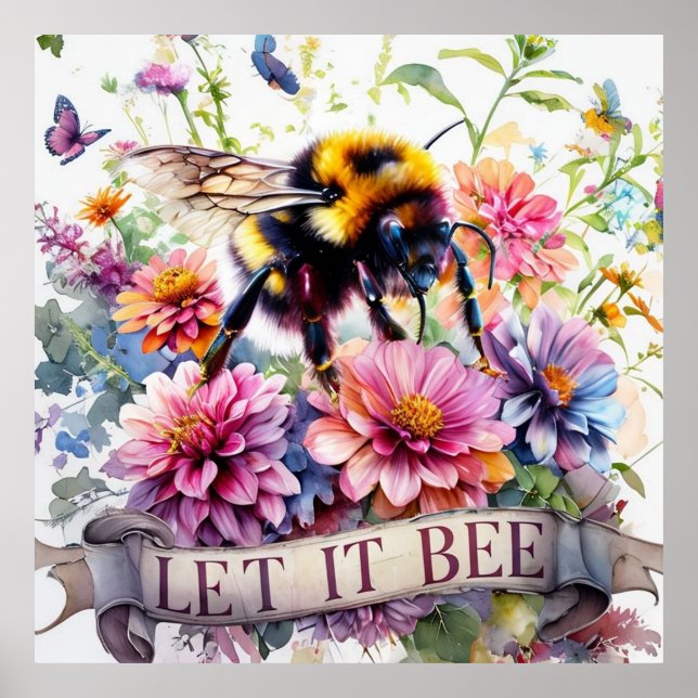 Let It Bee – Watercolor Bumblebee Spring Floral  Poster (Vorne)