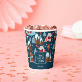 Let it Snow Cute Animal with Name Blue Christmas Pappbecher
