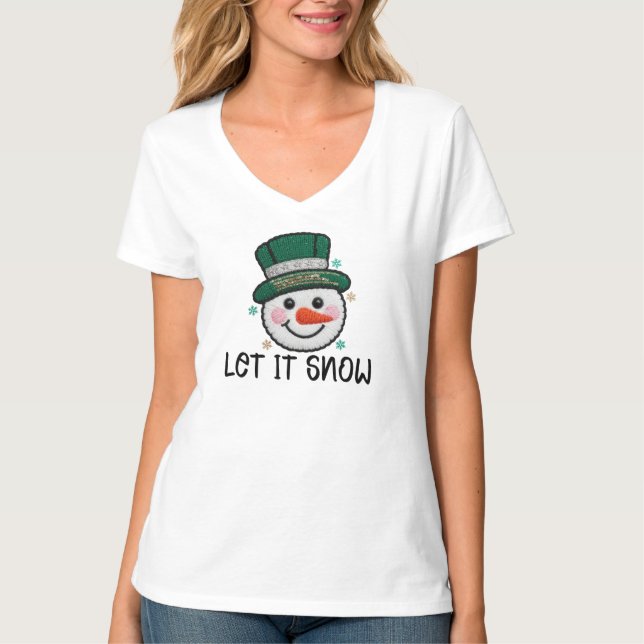Let It Snow, Faux Crochet Snowman T-Shirt (Vorderseite)
