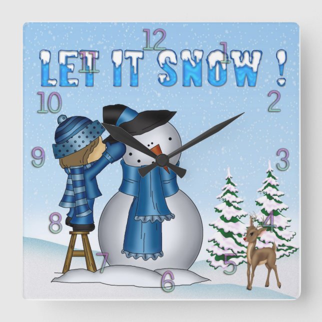 Let It Snow Snowman Square Wall Clock Quadratische Wanduhr (Vorderseite)