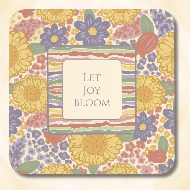 Let Joy Bloom Untersetzer-Set – Bearbeitbarer Text Getränkeuntersetzer (Let Joy Bloom Coaster Set – Personalized Inspirational Quote – Custom Floral Striped Drink Coasters)