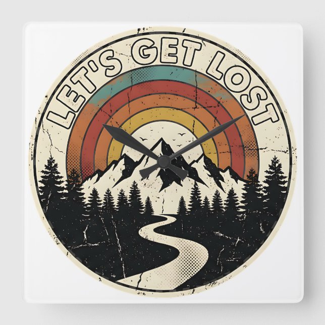 Let’s Get Lost Retro Mountain Adventure Outdoor Quadratische Wanduhr (Vorderseite)
