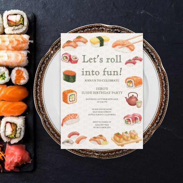 Let’s Roll into Fun! Sushi Birthday Party Invitati Einladung (Von Creator hochgeladen)