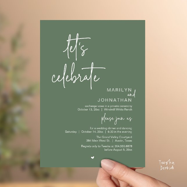 Let's Celebrate, Minimal Modern Wedding Reception Einladung (Let's Celebrate, Modern Minimal Wedding Reception dinner dancing Invitation card sage green)
