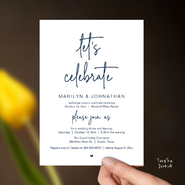 Let's Celebrate, Modern Minimal Wedding Reception Einladung (Let's Celebrate, Modern Minimal Wedding Reception dinner dancing Invitation card navy blue)