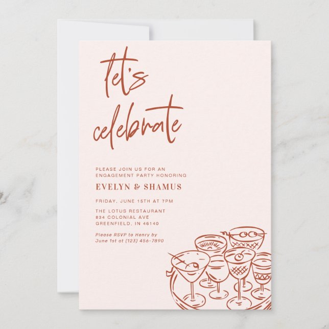 Let's Celebrate Whimsical Doodle Engagement Party Einladung (Vorderseite)