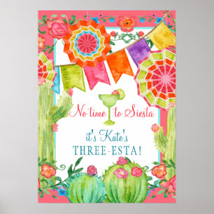 Lets Fiesta Cactus Floral 3rd Birthday Party Poster