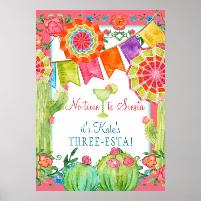 Lets Fiesta Cactus Floral 3rd Birthday Party Poster (Vorne)