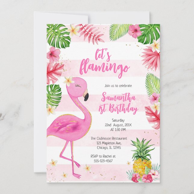 Let's Flamingle Pink Girl Tropical Birthday Einladung (Vorderseite)