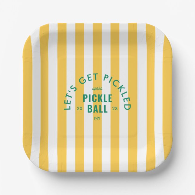 Let's Get Pickled Après Pickle Ball Yellow Stripe  Pappteller (Vorderseite)