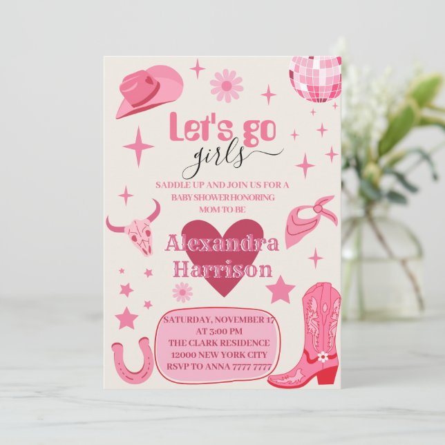 Let's Go Girl Pink Disco Cowgirl Rodeo Baby Dusche Einladung (Stehend Vorderseite)