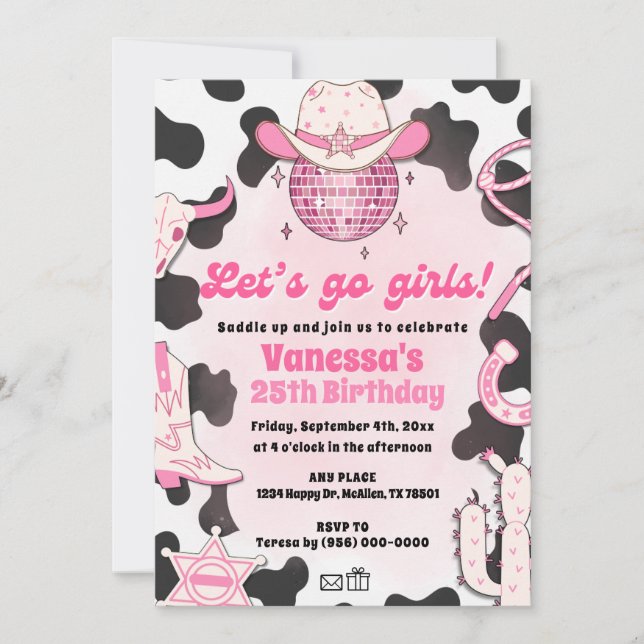 Let's Go Girls Cowgirl Rodeo Disco Einladung (Vorderseite)