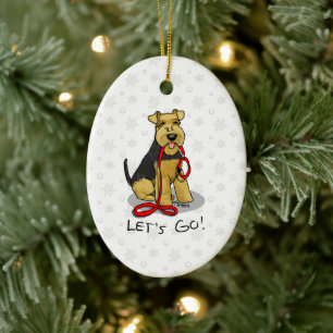 Let's Go! Welsh Terrier Dog with red leash Funny Keramik Ornament